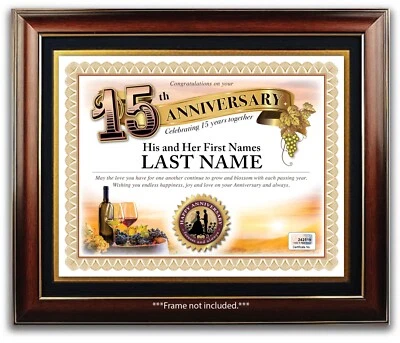 CERTIFICADO ANIVERSARIO BODA PERSONALIZADO 15 Años 15 Botella de Vino Tema REGALO Foto 1 de 2