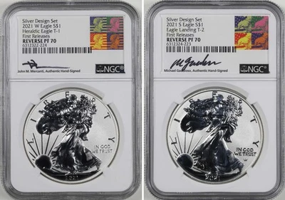 2021 W & S PROVA REVERSA Silver Eagle Set NGC PF70 MERCANTI GAUDIOSO assinado PR - Imagem 1 de 4