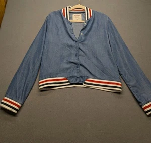Mossimo Women's Blue Denim Varsity Style Bomber Jacket Large - Picture 1 of 4