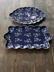 Temp-tations By Tara Royal Blue “Floral Lace” Serving Trays. Lot Of 2 - Picture 1 of 12