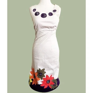 Boden Flower Applique Sheath Dress White Cotton Blend Sleeveless US 4L UK 8L - Picture 1 of 6