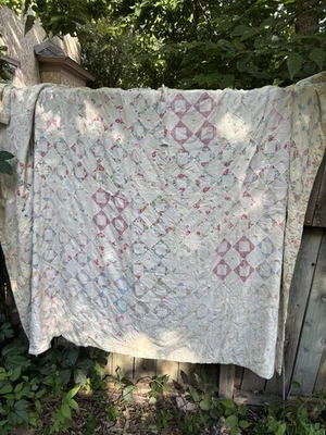 Vintage Feed Sack Economy Block Square Patchwork Handmade Quilt 90”x73” 1930 - Image 1 of 4