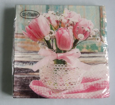 20 Tovaglioli Bouquet Fiori Tulipani OFFERTA Rosa 1 Confezione IMBALLO ORIGINALE (E) Primavera - Immagine 1 di 2