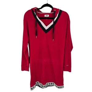 Tommy Jeans Hilfiger womens size Medium Red long sleeve hooded v neck dress y2k - Picture 1 of 12