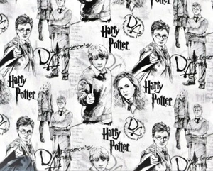 FAT QUARTER HARRY POTTER FABRIC CHARACTERS LINE ART BLACK & WHITE 100% COTTON FQ - Picture 1 of 2