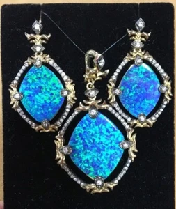 Set Sterlingsilber Gold Vermeil blau grün Gilson Opal Ohrring & Anhänger - Bild 1 von 12