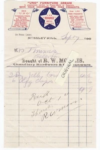 R. W. MORRIS MOSSLEY HILL LIVERPOOL ADVERTISING BILLHEAD UNO FURNITURE CREAM - Picture 1 of 1
