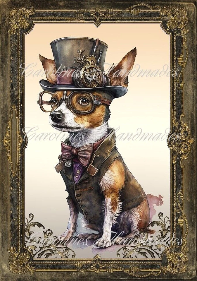 Steampunk Chihuahua Dog In Hat Designer Cotton Fabric Quilt Block Multi-size - Image 1 of 1