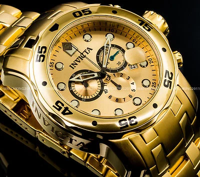 New Invicta Pro Diver Scuba 18K Gold Plated Gold Dial Chrono S.S Bracelet Watch - Image 1 of 4
