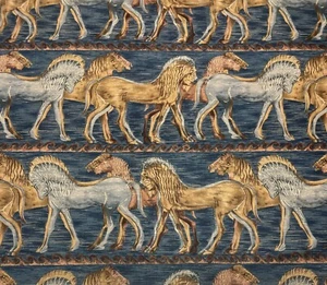 WARWICK TROJAN HORSES DENIM BLUE TOILE EXCLUSIVE LINEN FABRIC BY THE YARD 54"W - Picture 1 of 6
