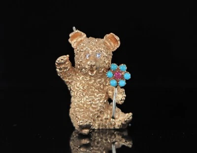 Prendedor vintage Estate Cartier oro 18k flor oso de peluche turquesa rubí diamante ojo Foto 1 de 4