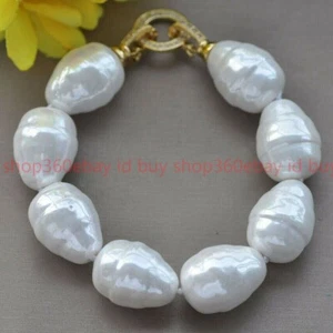 LARGE 20MM SOUTH SEA WHITE BAROQUE SHELL PEARL BEADS FASHION BRACELET 8'' - Picture 1 of 12