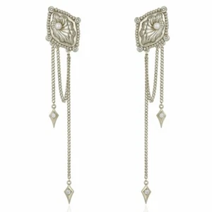 Shiny Silver Marquise Earrings Shell Motif White Pearl Long Chain Tassel Unique - Picture 1 of 5