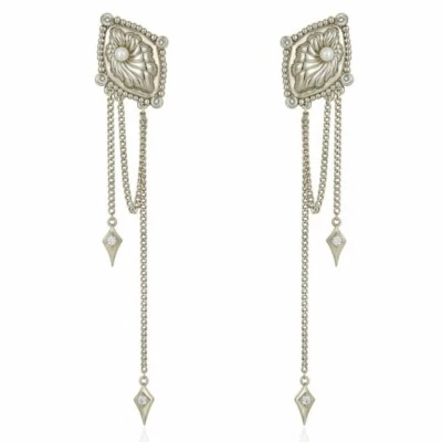 Brincos de prata brilhante marquesa motivo concha pérola branca corrente longa borla exclusivo - Imagem 1 de 4