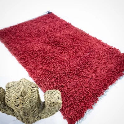 Vintage Berber Wool Rug: Moroccan HandKnotted Chuncky Red Shaggy Rug 2.7x4.5 ft - Image 1 of 4