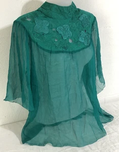 Blusa bordada 100 % seda talla L de gasa con apliques florales transparentes coqueta de hadas - Imagen 1 de 16