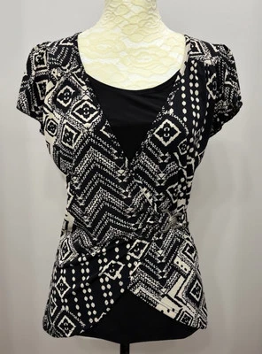 Vintage Y2K 2000s Top Small Black Geometric Short Sleeve Silver Belt Accent - Image 1 of 4