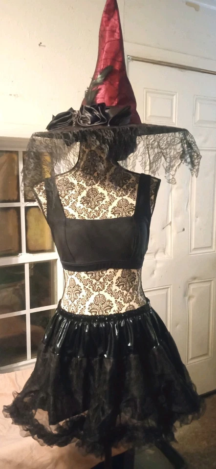 Halloween Costume Sexy Witch SZ.  S/M Red hat W blk Rose Spider Web & Feather  - Image 1 of 4