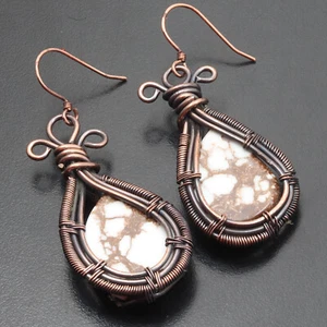 White Turquoise Gemstone Birthday Gift Wire Wrapped Earrings 2.1" Jewelry G12774 - Picture 1 of 3