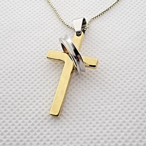 KARIS Cross w/ Ring Circle Italy Gold Sterling Silver 925 Box Chain Necklace 20" - Picture 1 of 10