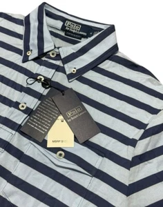 Polo Ralph Lauren Custom Slim Short Sleeve Shirt Blue Stripe Cotton Sz Med $125 - Picture 1 of 10