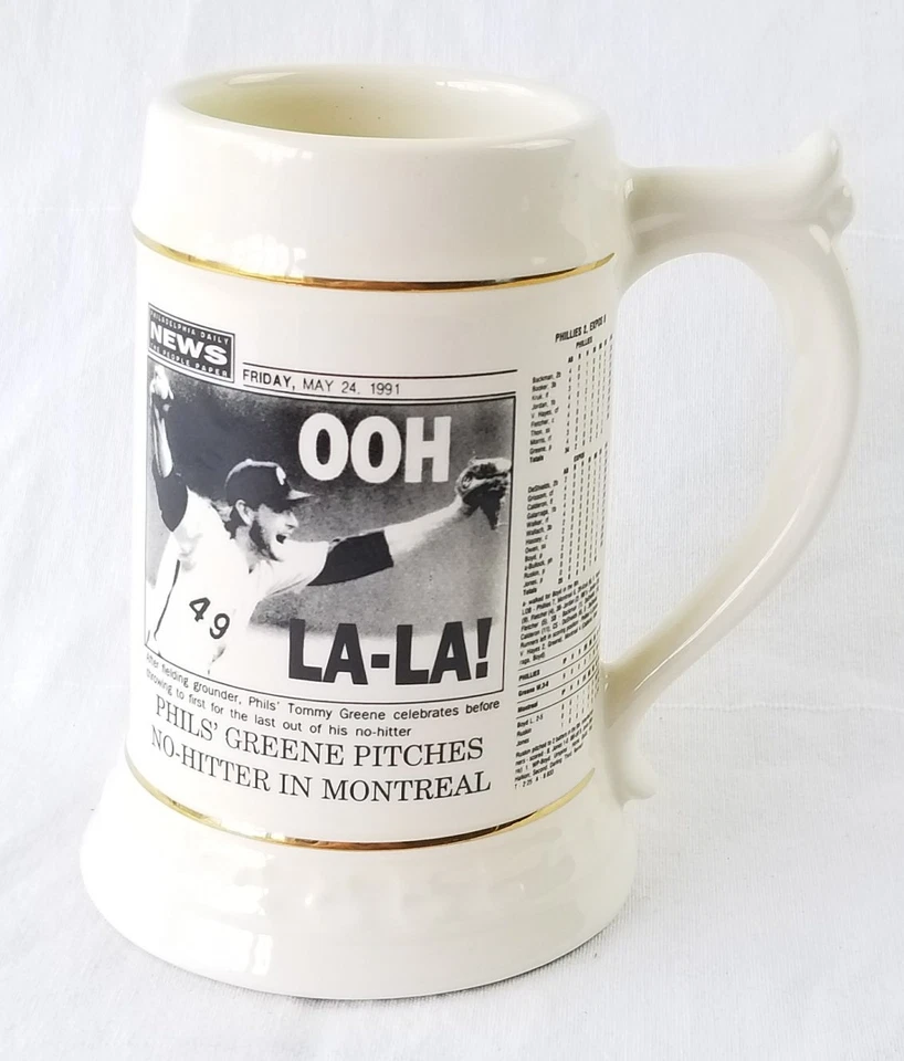Taza vintage 1991 Tommy Greene MLB Philadelphia Phillies sin hitter Stein 28 oz  Foto 1 de 4