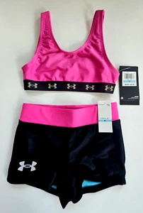 UA Under Armour Little Girl's Size 5 2 Pc Bikini Swimsuit Pink Black Boy Short - Picture 1 of 2