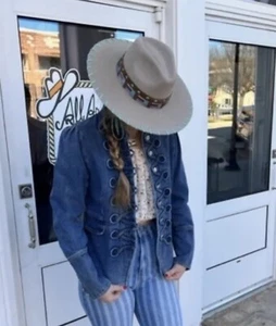 Savanna Jane Vintage Inspired Military Denim Jacket Embroidered Blue Sz M - Picture 1 of 10