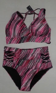 SUMMER MAE PINK/MULTI STRIPED HIGH WAIST 2 PC. BIKINI V NECK SWIMSUIT (SZ: 16) - Picture 1 of 8