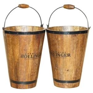 PAIR OF VINTAGE BOLLINGER CHAMPAGNE LOG BIN WOOD COAL PLATE OR PEAT BUCKETS - Picture 1 of 16