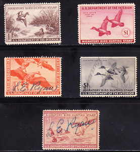 US Scott RW9-RW13 old $1 Migratory Bird "Duck" Hunting stamps M/U/F-VF CV $165