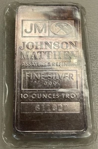 Johnson Matthey Assayers 10 oz. Troy 999 lingotto argento fine S/N-611827 vintage - Foto 1 di 2