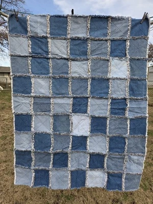 Manta acolchada de retazos de jean azul de mezclilla hecha a mano manta de playa manta Foto 1 de 4