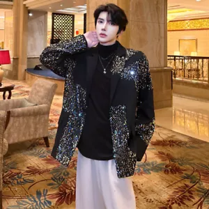 Nightclub Suit Jacket Men's Design Sequin Splicing Performance Casual Suit Coats - Picture 1 of 14