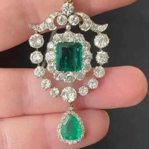 16Ct Emerald & White Lab Created Sapphire Vintage Necklace 925 Sterling Silver - Picture 1 of 5
