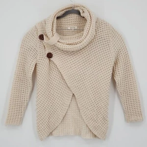 Beige Knit Sweater Cowl Neck Wrap Style Wood Buttons Casual Comfy Minimalist S/M - Picture 1 of 11
