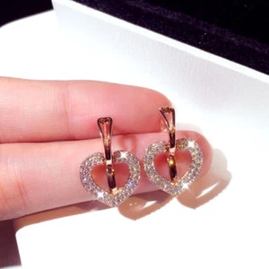 1.35 Ct Round Cut Simulated Diamond Heart Dangle Earrings 14K Rose Gold Plated - Picture 1 of 5