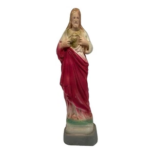 VTG 13.5” Chalkware Plaster Statue Figurine  Sacred Heart Of Jesus  Airbrushed - Picture 1 of 9