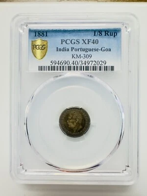 Portuguese India / Goa 1/8 Rupia Luíz I Calcutta 1881 PCGS XF 40 KM-309 - Image 1 of 4