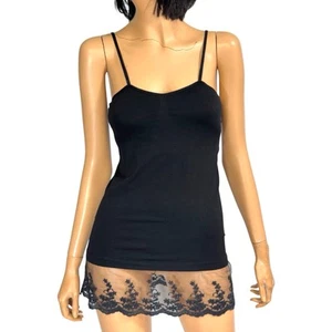 Vintage Y2k Long Cami Tank Lace Trim Black Stretch Fairy Grunge Goth Poof M/L - Picture 1 of 16
