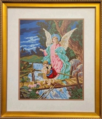 Raro vidrio enmarcado ornamentado dorado 24x28 punta de aguja ÁNGEL GUARDIÁN FIRMADO DE COLECCIÓN Foto 1 de 4