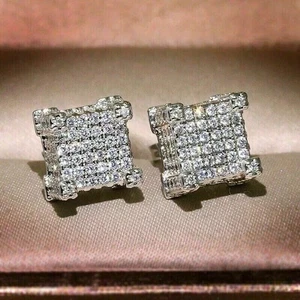 Men's Cluster Stud Earrings 2 Ct Round Cut Real Moissanite 14K White Gold Plated - Picture 1 of 4