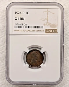 1924-D Lincoln Wheat Penny Cent NGC Graded G06 - Date and Wheat Lines Worn - Picture 1 of 5