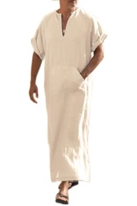 Vestido largo de verano de manga corta de lino con cuello en V para hombre (caqui XL) - Imagen 1 de 8