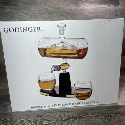 Godinger Barrel Whiskey Decanter Dispenser with 2 Whisky Tumbler Glasses Open - Image 1 of 4