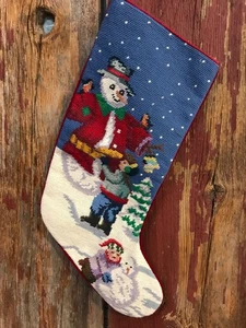 Wool Needlepoint Christmas Stocking Snowman & Kids 24.99......y - Picture 1 of 5