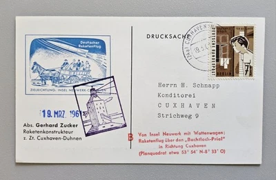 Beleg Raketenpost 1961 Gerhard Zucker, Flug Neuwerk - Cuxhaven, Bundesrepublik - Bild 1 von 2