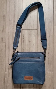 Montana West blue gray crossbody bag purse with wide strap & zippered pockets - Picture 1 of 11