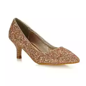 ESSEX GLAM POINTED CLOSED TOE ROSE GOLD GLITTER HEELED SHOES - SIZE UK 7 - Picture 1 of 6