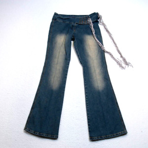 Younique Jeans Womens Juniors 7 (32x30) Flare Dark Blue Wash Denim Sash Closure